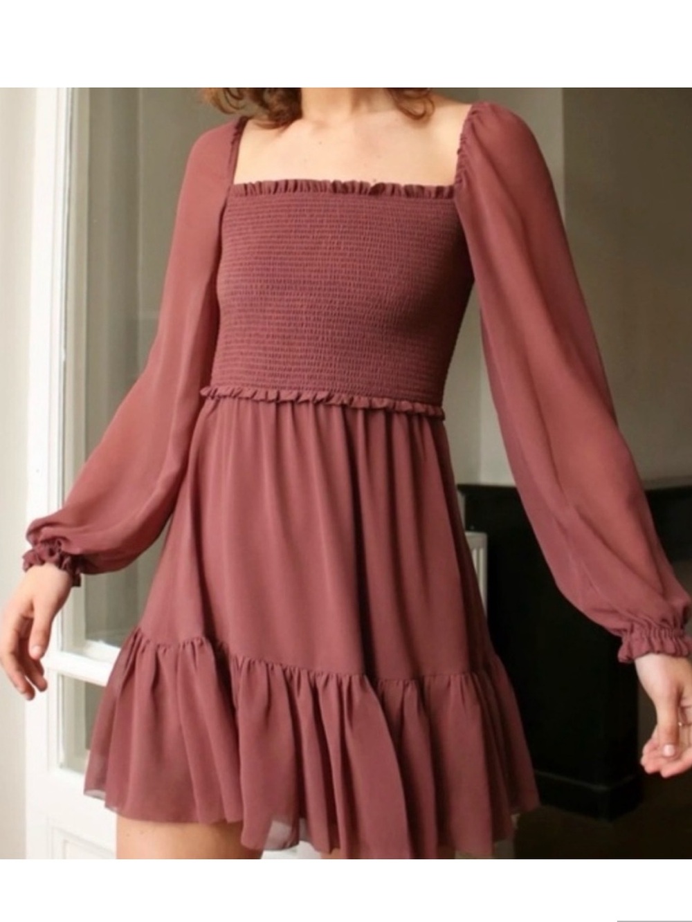 Wilfred Mauve Smocked Square-Neck Long-Sleeve Mini Dress
